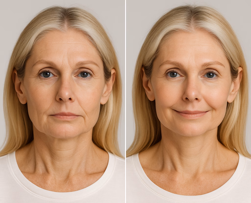 before and after facial yoga showing improvement in facial muscle tone