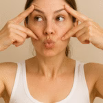 woman exercising her face and doing a face yoga movement
